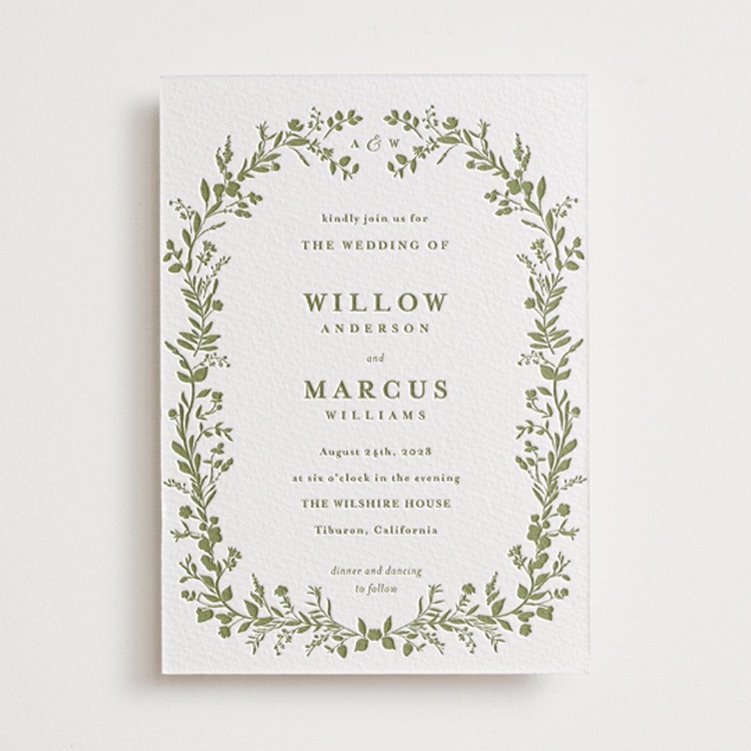 "Greenery Vine" - Letterpress Wedding Invitations in Pistachio by Susan Moyal - Front