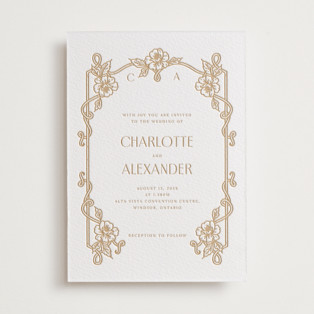 "Nouveau Peony" - Letterpress Wedding Invitations in Faux Gold by Selima Akhter - Front