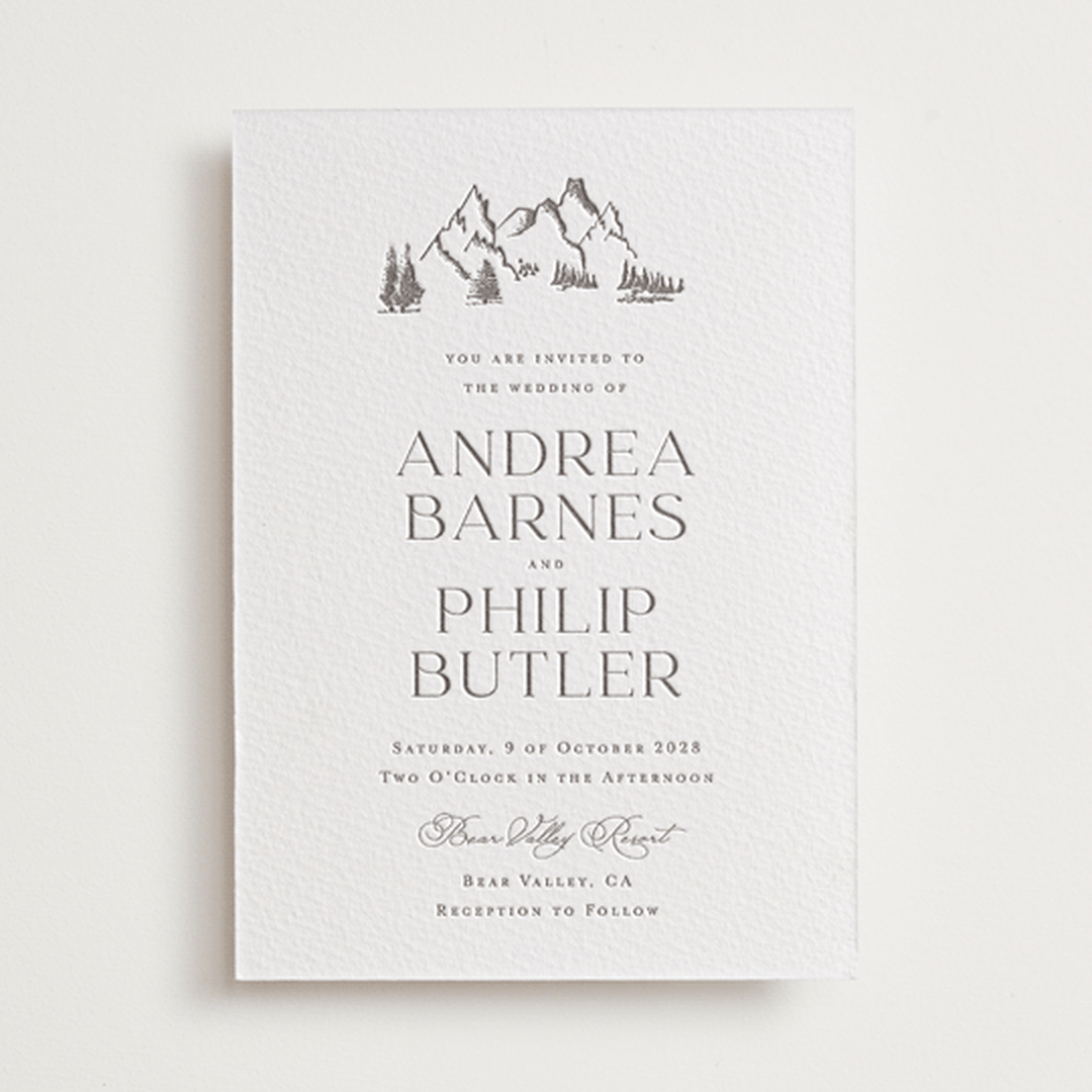 "Mountain Serenity" - Letterpress Wedding Invitations in Graphite by Lucrecia Caporale - Front
