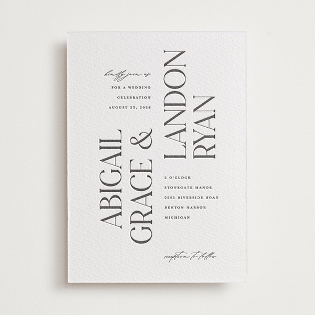 "Tallest" - Letterpress Wedding Invitations in Soft Black by Pixel and Hank - Front