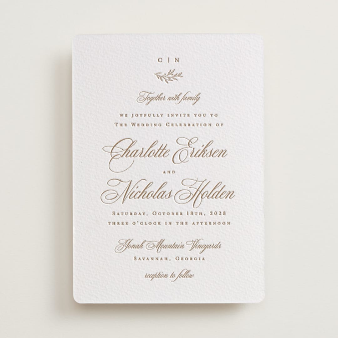 "Vineyard Script" - Letterpress Wedding Invitations in Matte Gold by Hooray Creative - Front