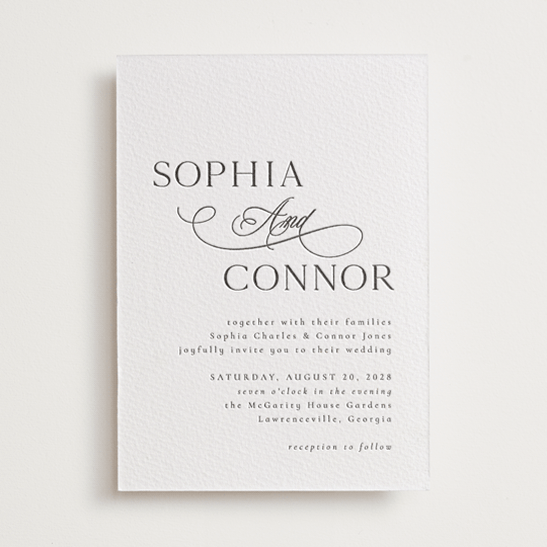 "Us" - Letterpress Wedding Invitations in Soft Black by Nicole Walsh - Front