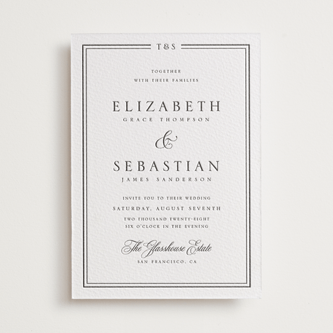 "Classic Frame" - Letterpress Wedding Invitations in Soft Black by Nicole Walsh - Front