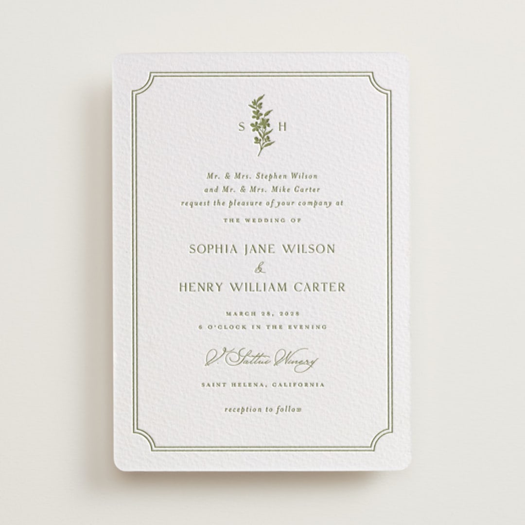 "Simply Elegant" - Letterpress Wedding Invitations in Pistachio by Yaling Hou Suzuki - Front