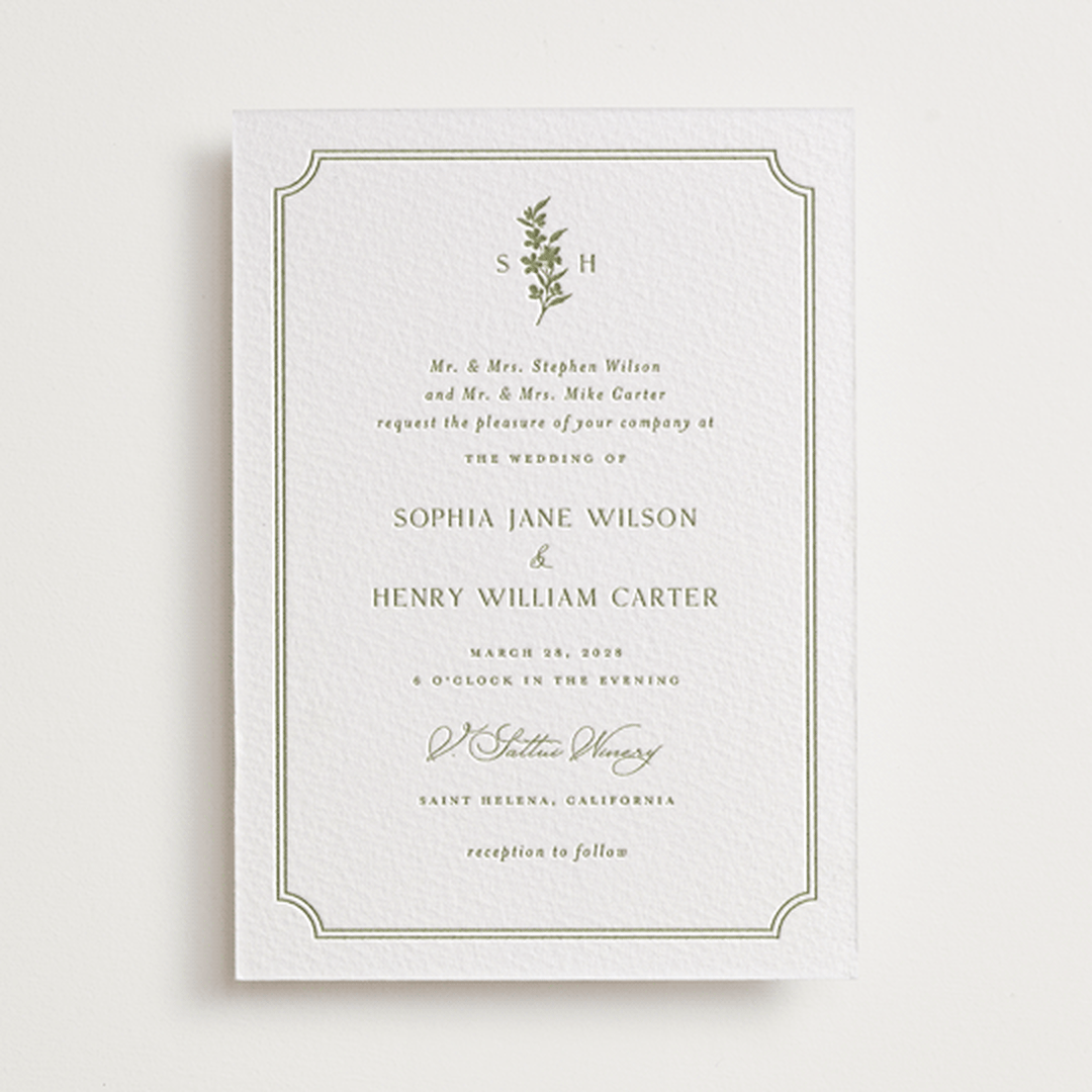"Simply Elegant" - Letterpress Wedding Invitations in Pistachio by Yaling Hou Suzuki - Front