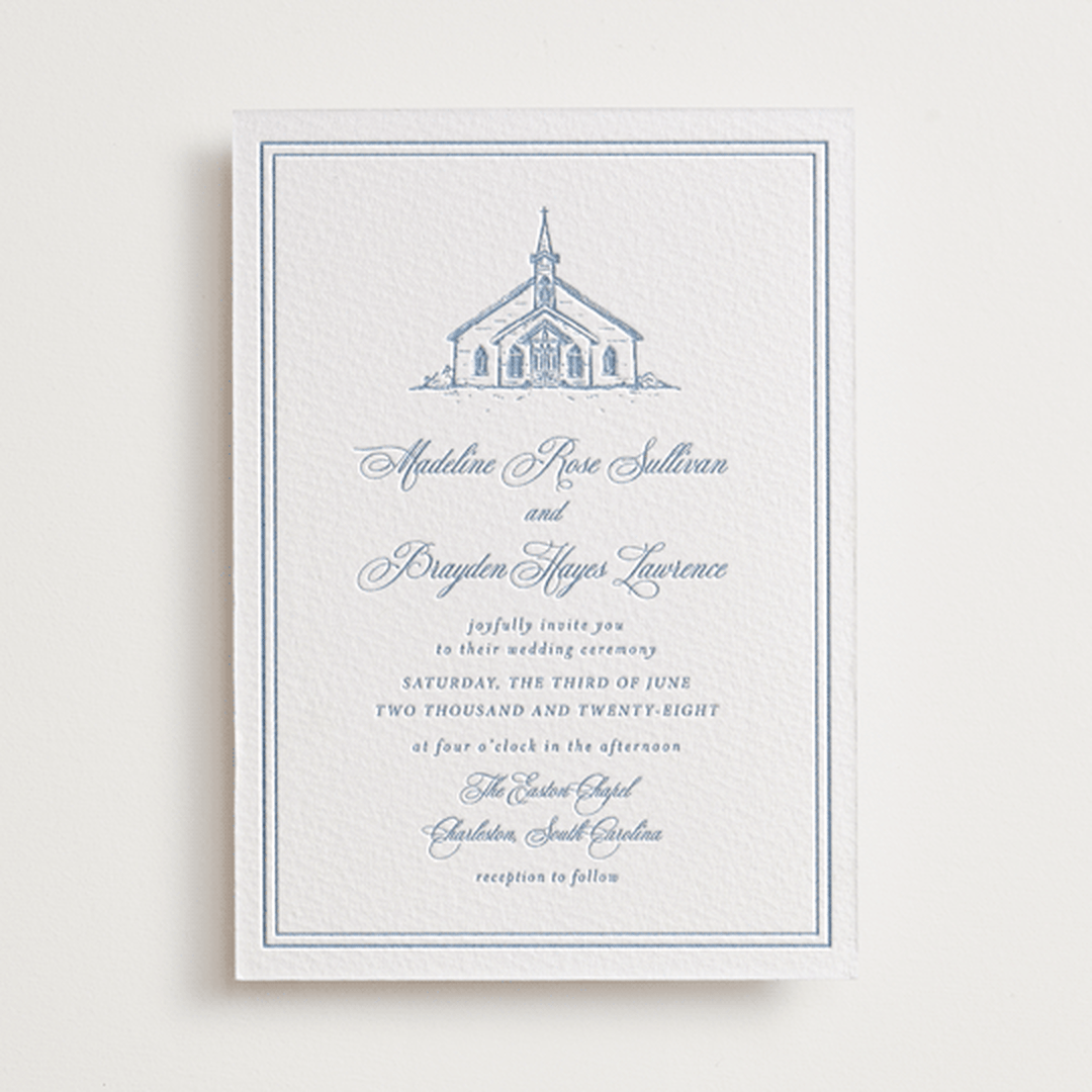 "The Chapel" - Letterpress Wedding Invitations in Provincial Blue by Melinda Denison - Front