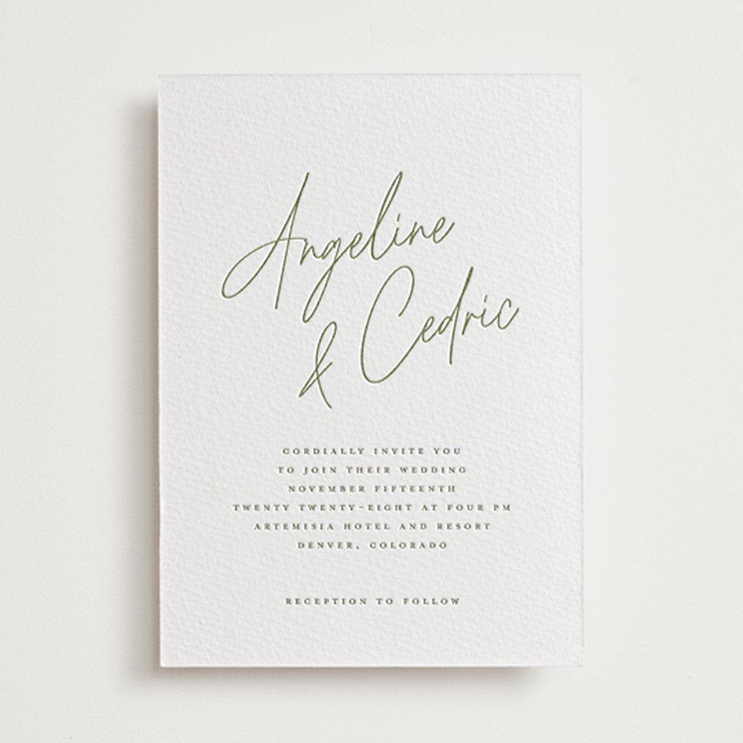 "angeline" - Letterpress Wedding Invitations in Moss by chocomocacino - Front
