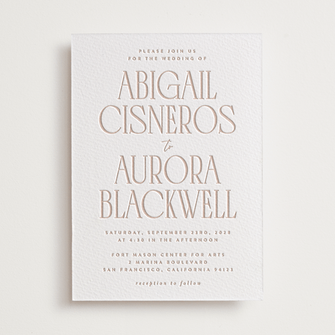 "title" - Letterpress Wedding Invitations in Latte by JoAnn Jinks - Front