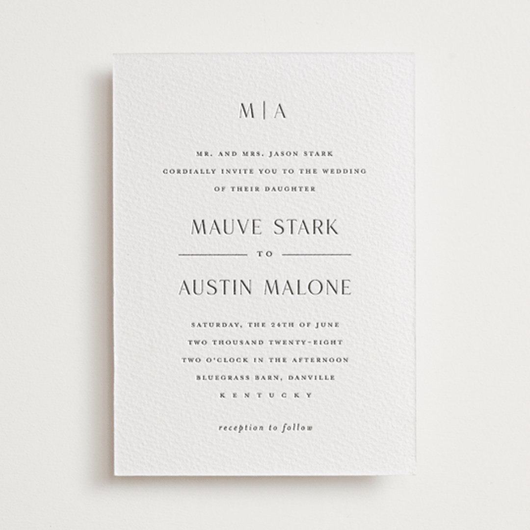 "Simple charm" - Letterpress Wedding Invitations in Soft Black by Stacey Meacham - Front