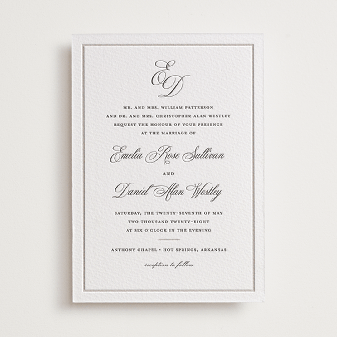 "Royal" - Letterpress Wedding Invitations in Soft Black by Melinda Denison - Front