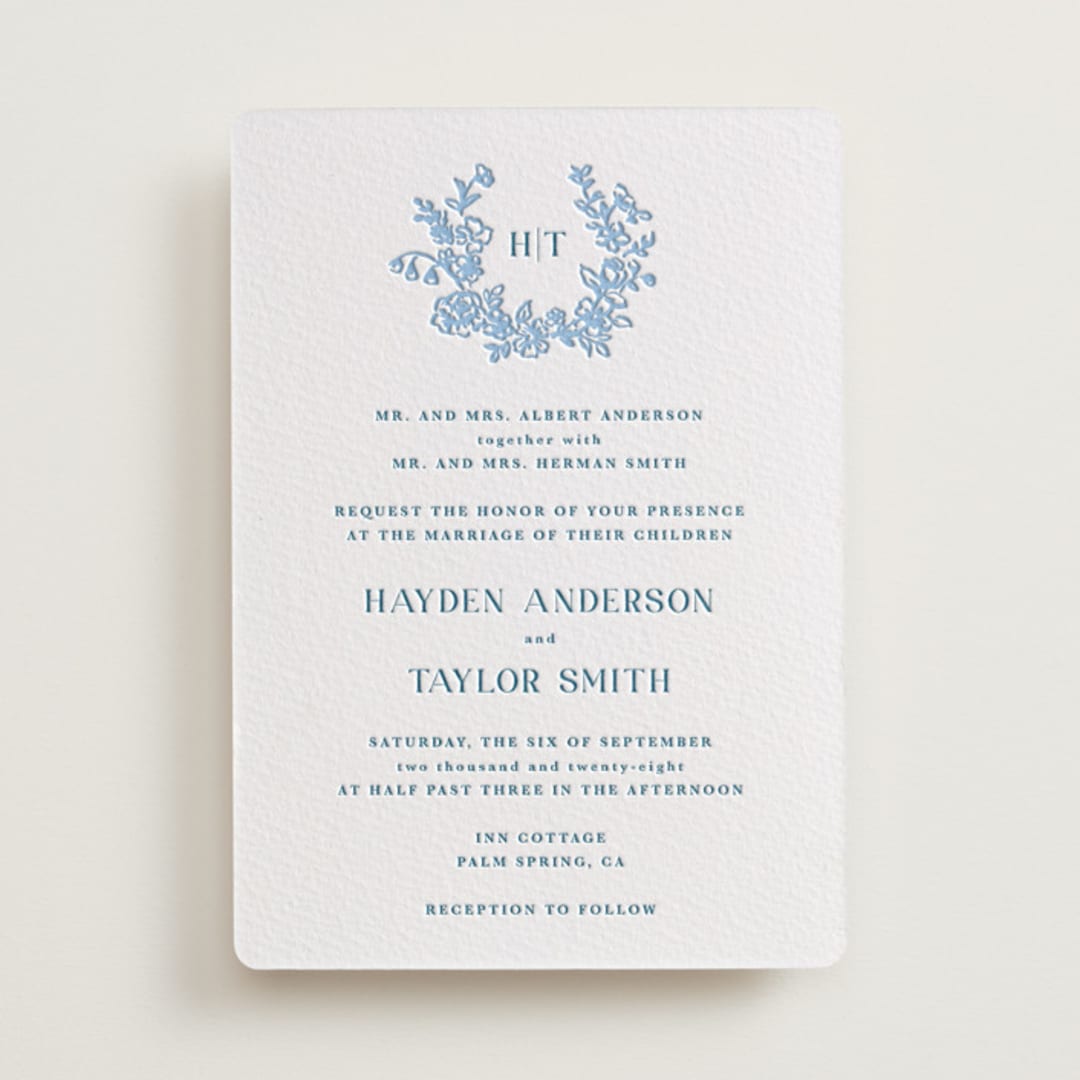 "Flowers monogram" - Letterpress Wedding Invitations in Sky Blue by Cass Loh - Front