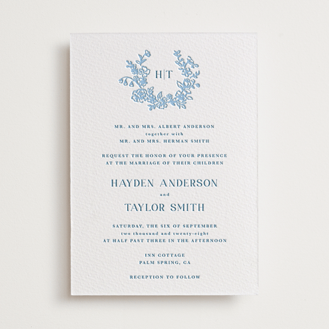 "Flowers monogram" - Letterpress Wedding Invitations in Sky Blue by Cass Loh - Front
