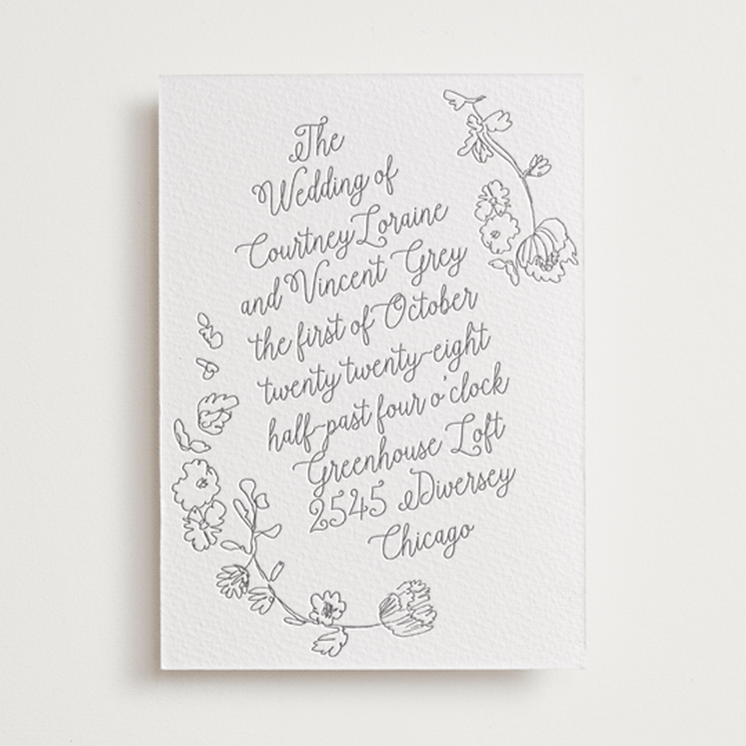 "Note" - Letterpress Wedding Invitations in Gravel by Baumbirdy - Front