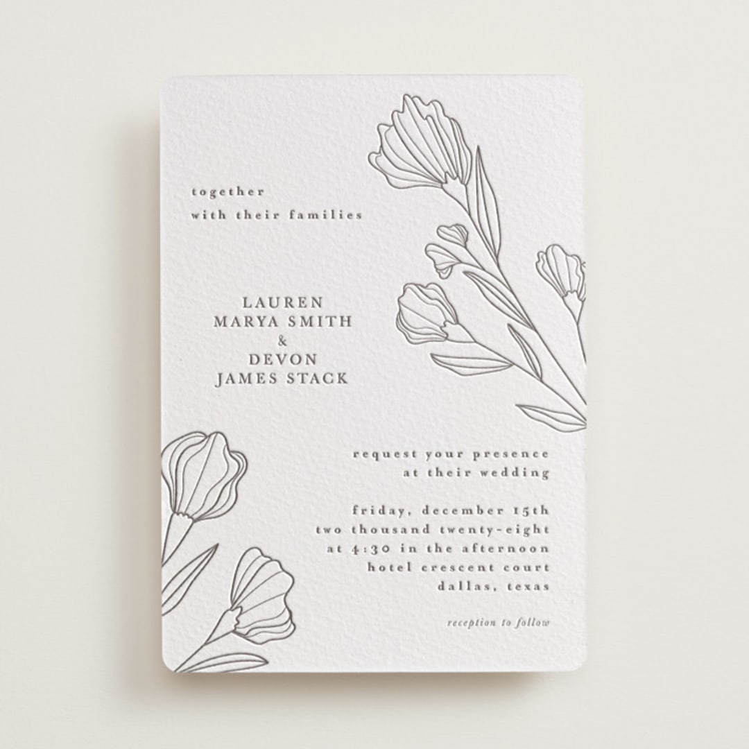 "Bouvardia" - Letterpress Wedding Invitations in Graphite by Deynaaz Daraei - Front