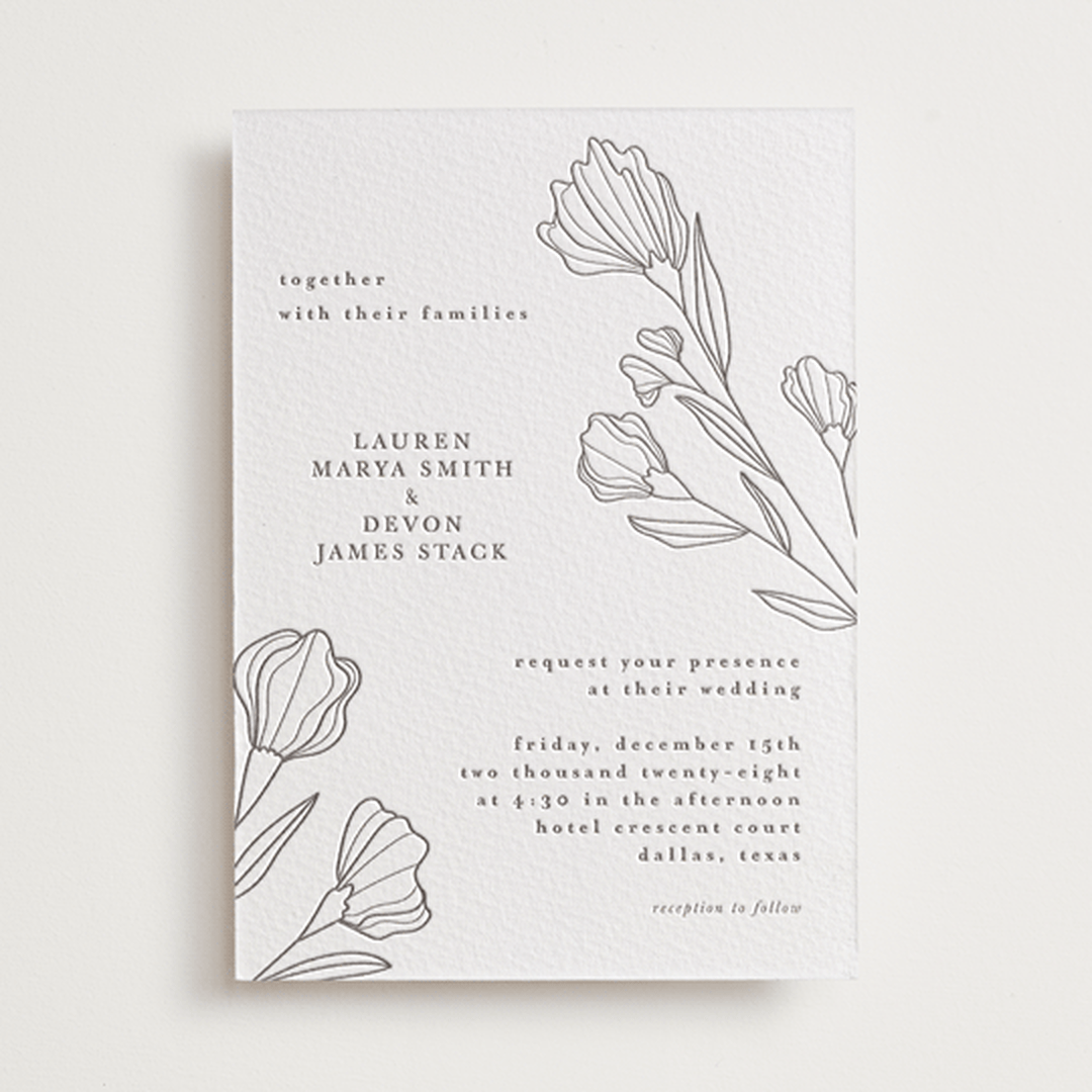 "Bouvardia" - Letterpress Wedding Invitations in Graphite by Deynaaz Daraei - Front
