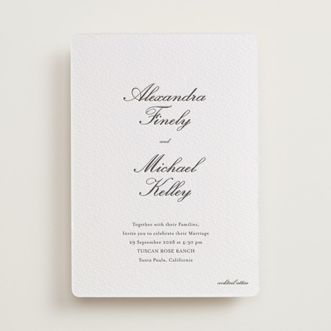 "Finely" - Letterpress Wedding Invitations in Soft Black by Ani Somi - Front