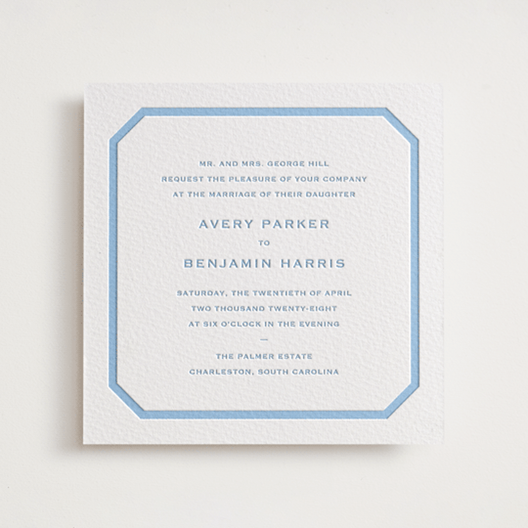 "Danbury" - Letterpress Wedding Invitations in Sky Blue by Megan Davis - Front