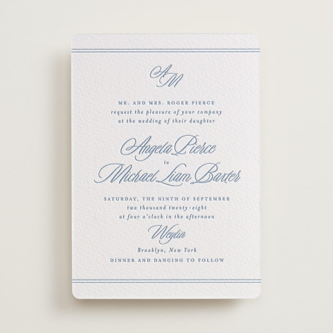"Stately" - Letterpress Wedding Invitations in Provincial Blue by Creo Study - Front