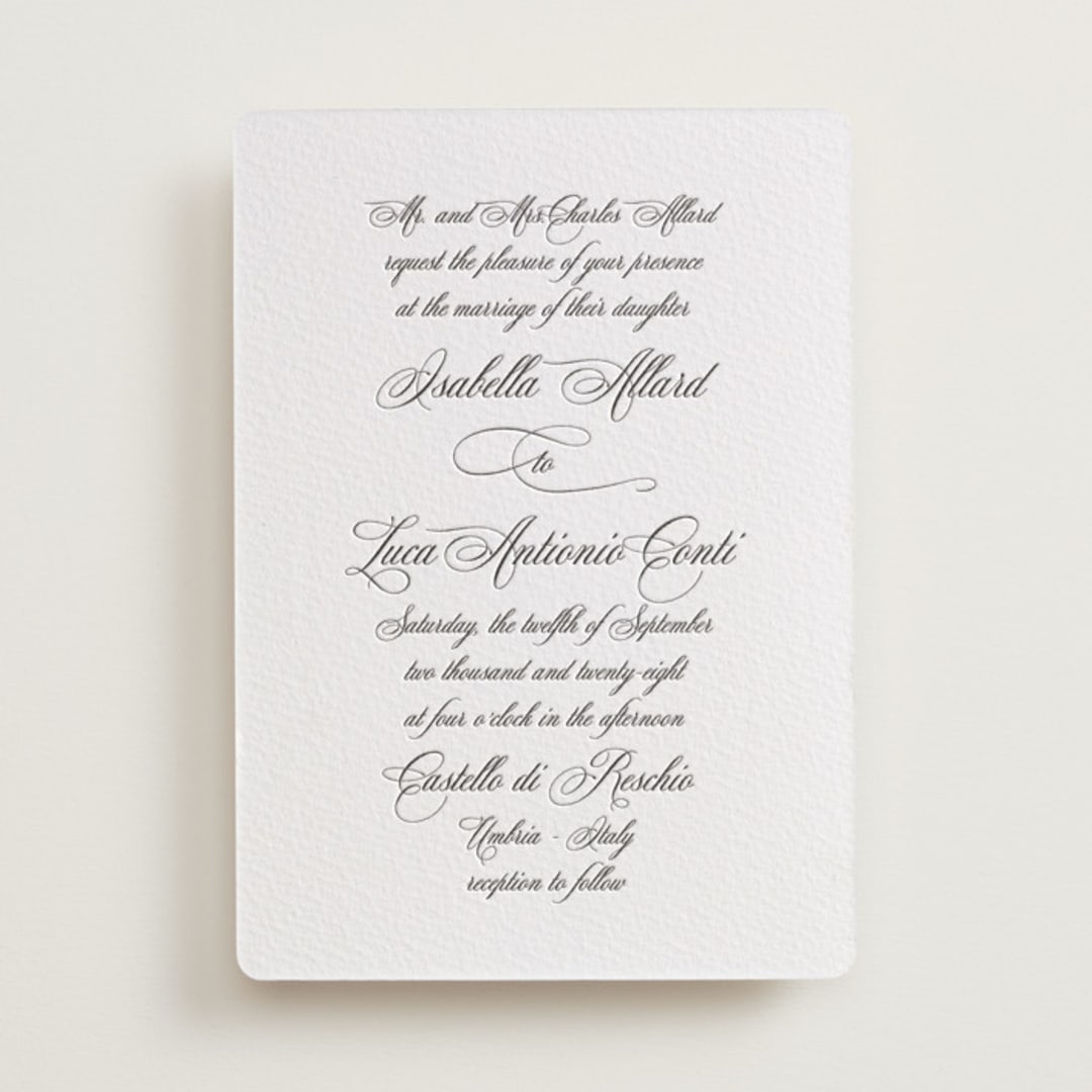"palazzo" - Letterpress Wedding Invitations in Soft Black by Benita Crandall - Front