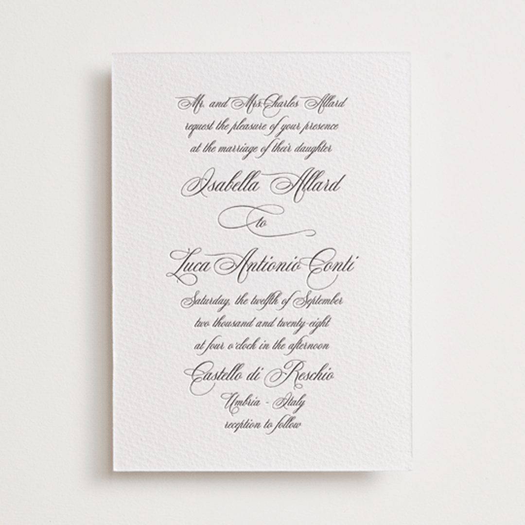 "palazzo" - Letterpress Wedding Invitations in Soft Black by Benita Crandall - Front