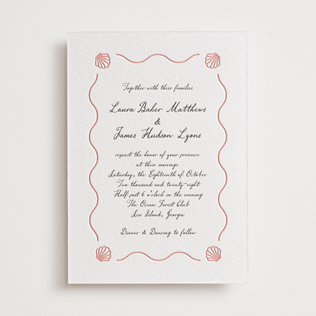 "Ocean Love" - Letterpress Wedding Invitations in Peach by Alston Foster - Front