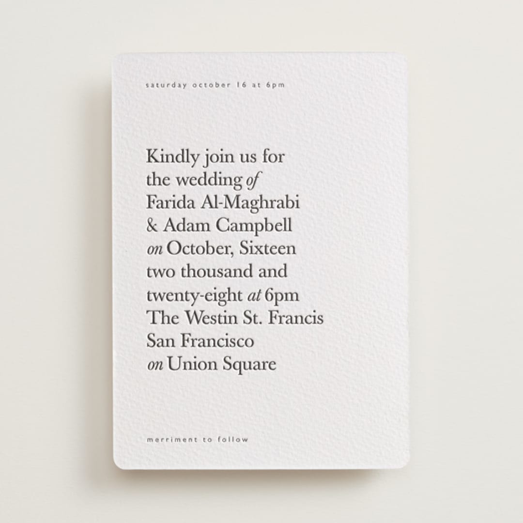 "Westin" - Letterpress Wedding Invitations in Soft Black by Hudson meet Rose - Front