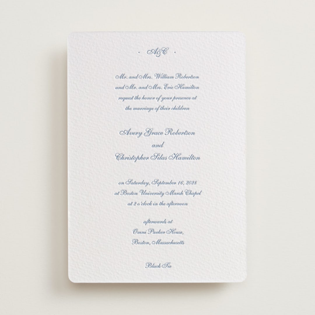 "Villa" - Letterpress Wedding Invitations in Provincial Blue by Blustery August - Front