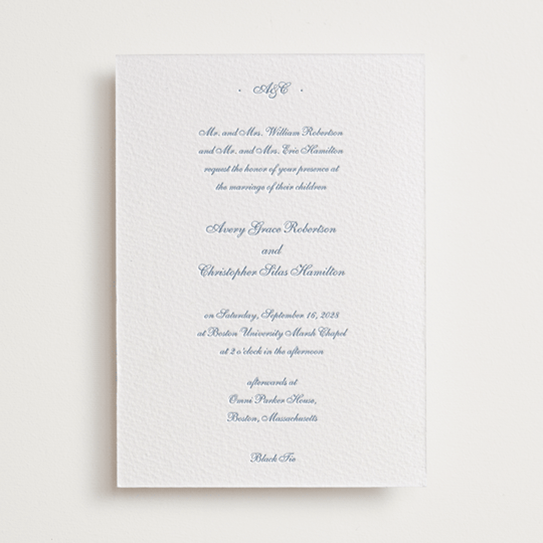 "Villa" - Letterpress Wedding Invitations in Provincial Blue by Blustery August - Front