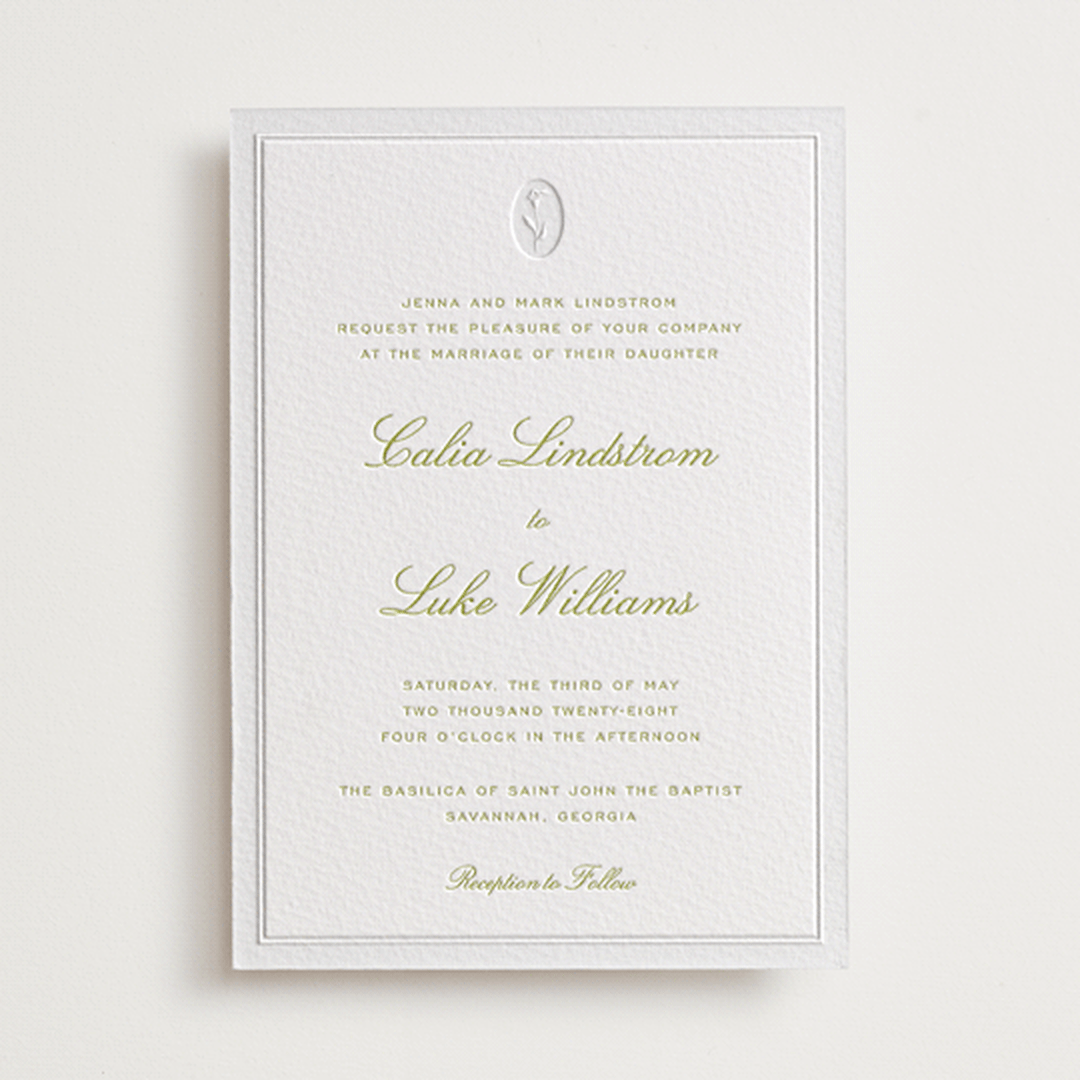 "Calia " - Letterpress Wedding Invitations in Avocado by Ani Somi - Front