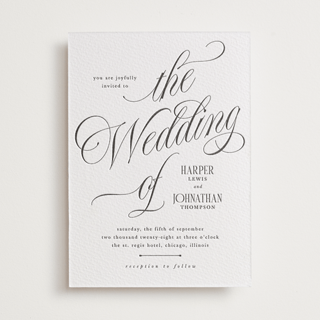 "Mirin" - Letterpress Wedding Invitations in Soft Black by Kate Ahn - Front