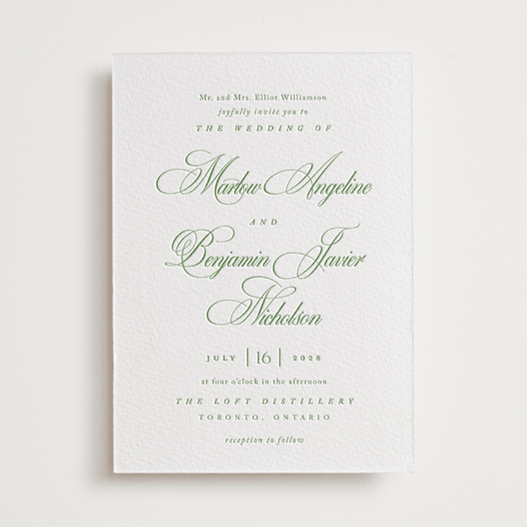"Chic Script" - Letterpress Wedding Invitations in Cucumber by Kelly Schmidt - Front