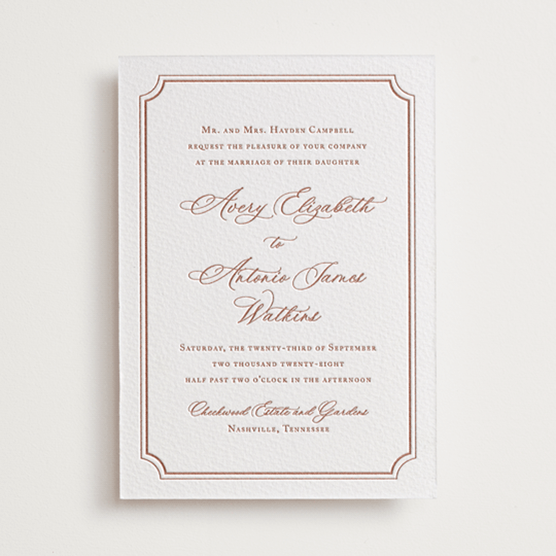 "Avery" - Letterpress Wedding Invitations in Dusty Rose by Jennifer Postorino - Front