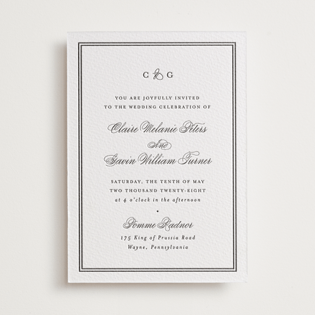"Timeless Together" - Letterpress Wedding Invitations in Soft Black by Carolyn MacLaren - Front