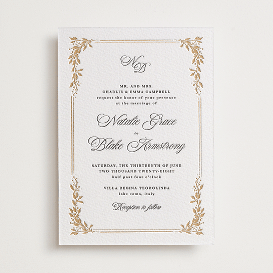 "Lake Como" - Letterpress Wedding Invitations in Faux Gold by Kate Ahn - Front