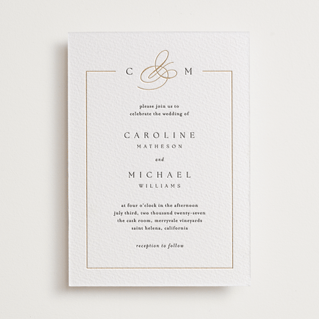 "Framed Monogram" - Letterpress Wedding Invitations in Faux Gold by Kelly Schmidt - Front