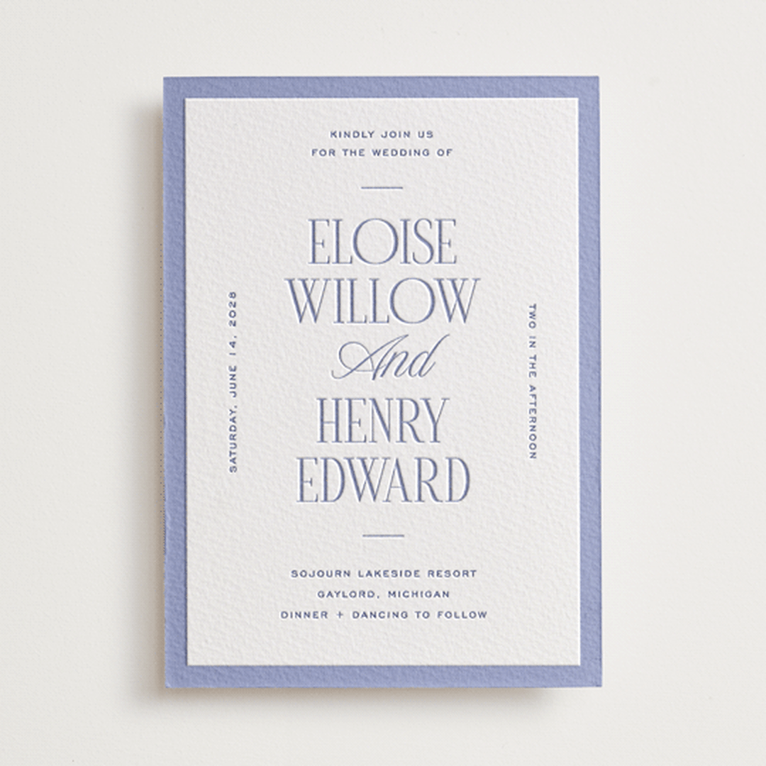 "Threaded" - Letterpress Wedding Invitations in Periwinkle by Pixel and Hank - Front