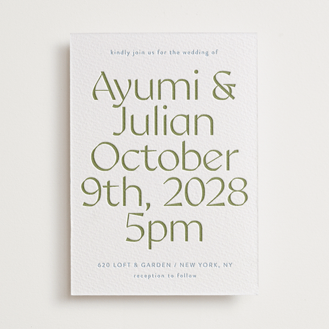 "Ayumi" - Letterpress Wedding Invitations in Pistachio by Melanie Kosuge - Front