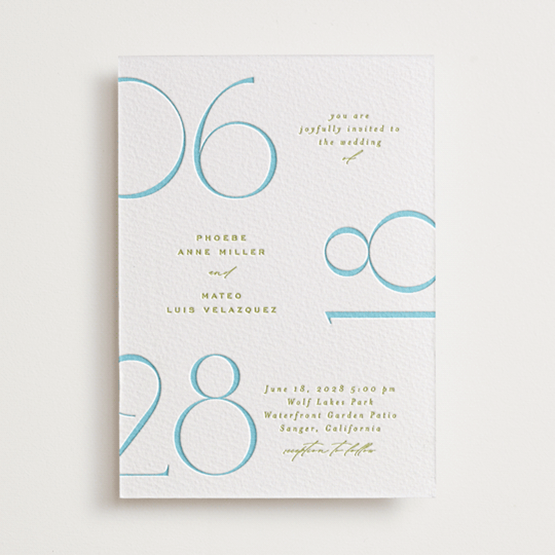 "Numerical" - Letterpress Wedding Invitations in Pool by Owl and Toad - Front