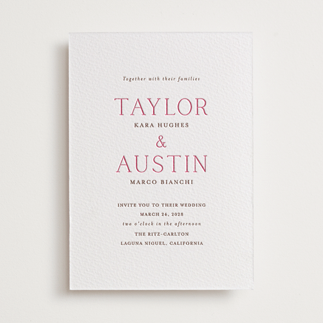 "In Love" - Letterpress Wedding Invitations in Azalea Pink by Vanessa Doyle - Front