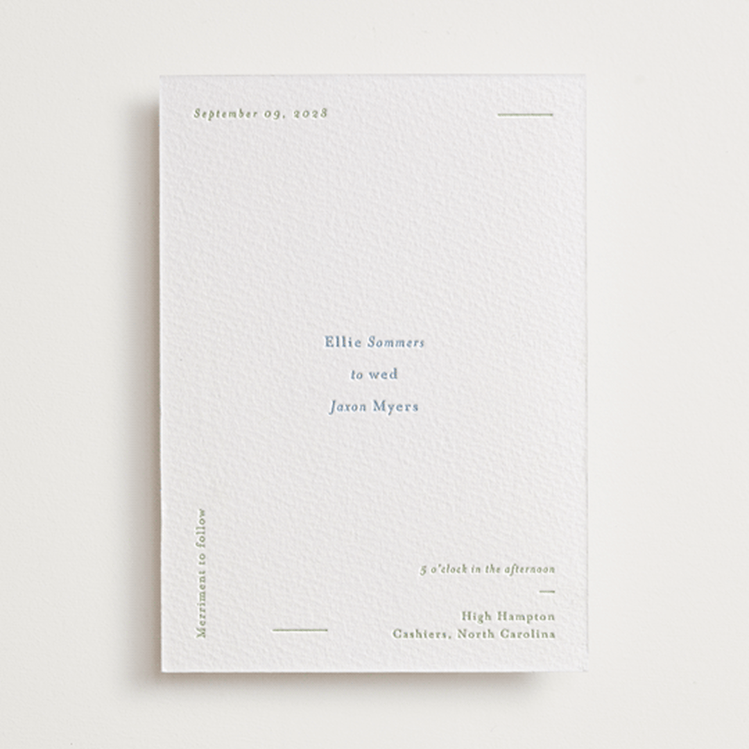 "Tuscany" - Letterpress Wedding Invitations in Sky Blue by Blustery August - Front