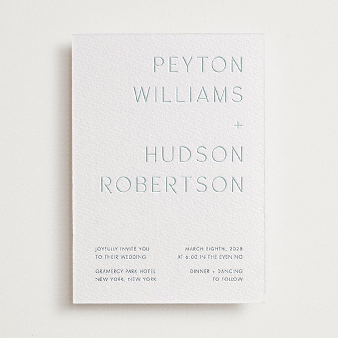 "Juniper" - Letterpress Wedding Invitations in Turquoise by Blustery August - Front