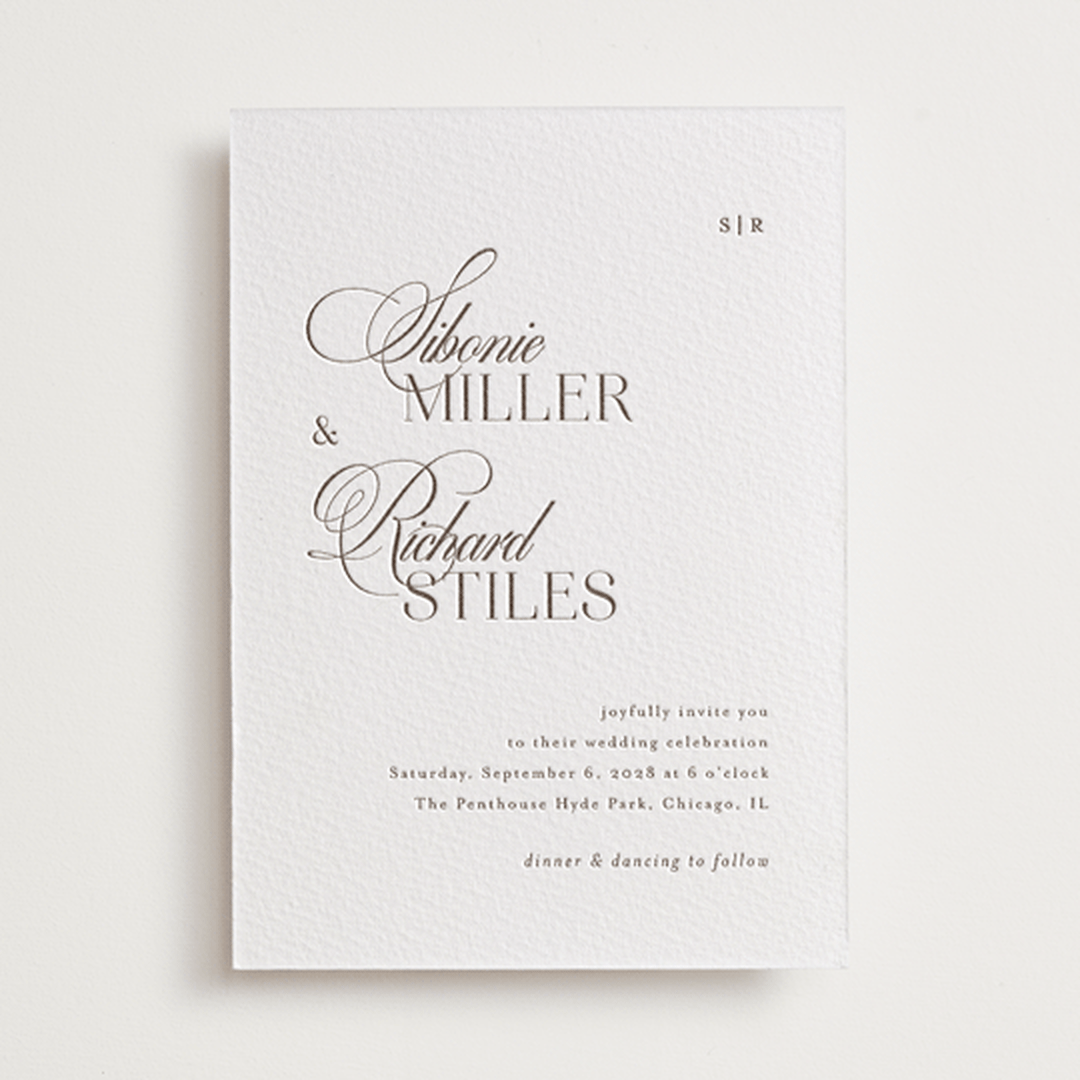 "Sibonie" - Letterpress Wedding Invitations in Coffee by Melanie Kosuge - Front