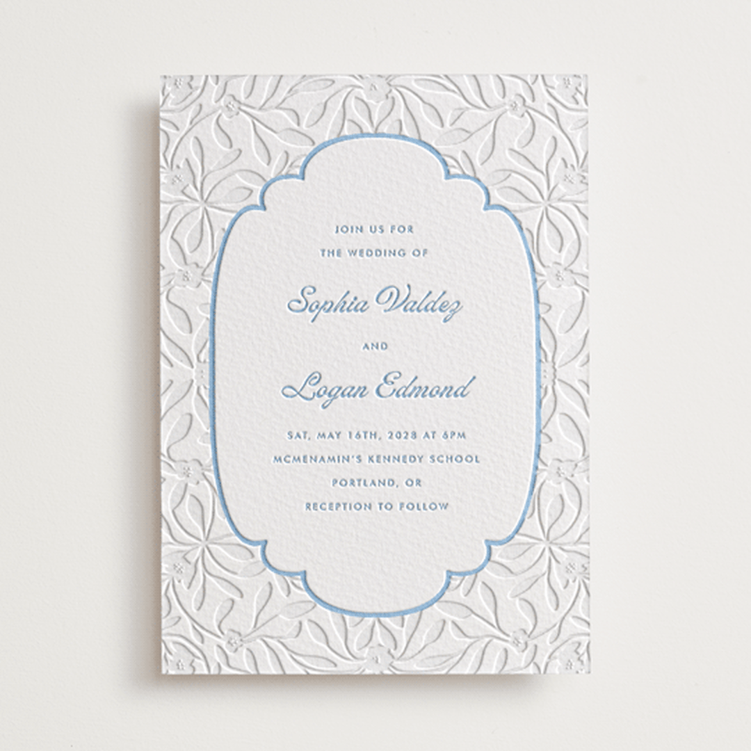 "Victorian Chic" - Letterpress Wedding Invitations in Sky Blue by Morgan Kendall - Front