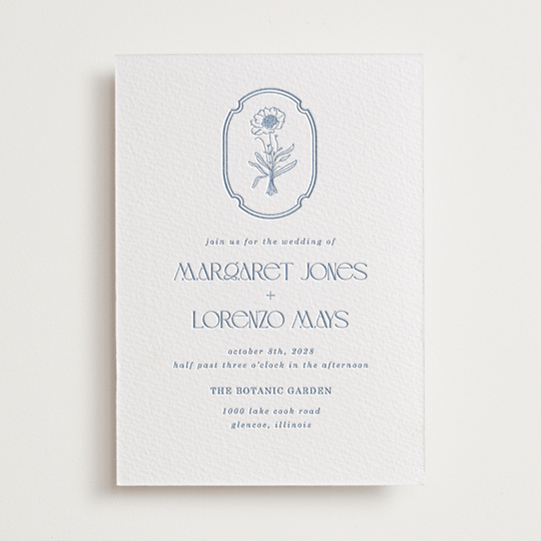 "Flora Arch" - Letterpress Wedding Invitations in Provincial Blue by Baumbirdy - Front