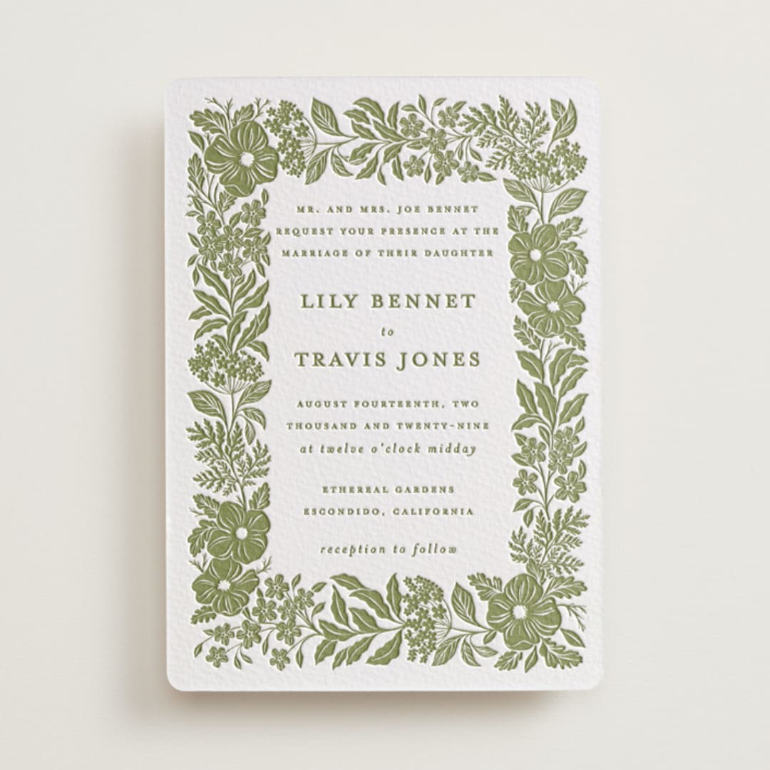"Ethereal gardens" - Letterpress Wedding Invitations in Pistachio by Sarah Knight - Front