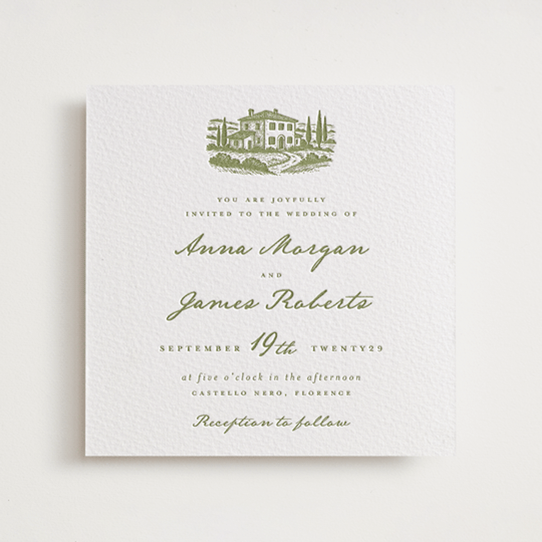 "Villa" - Letterpress Wedding Invitations in Pistachio by Maja Cunningham - Front
