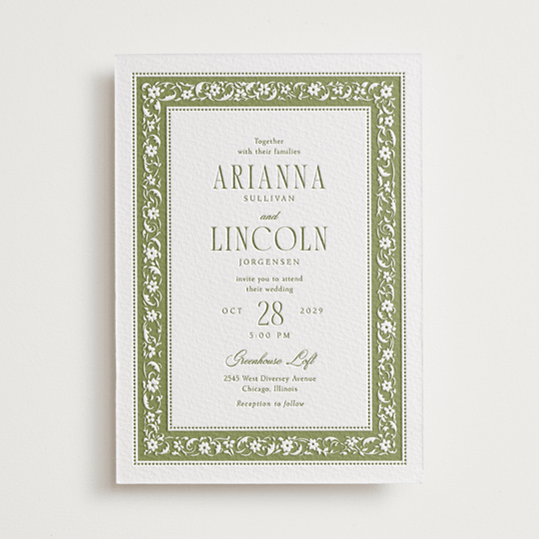 "Darcy" - Letterpress Wedding Invitations in Pistachio by Robert and Stella - Front