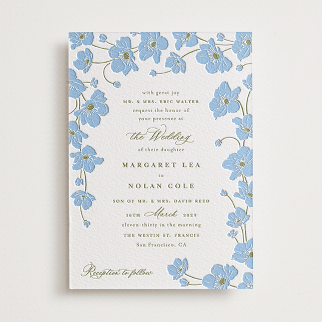 "Anemones" - Letterpress Wedding Invitations in Sky Blue by letterfix - Front