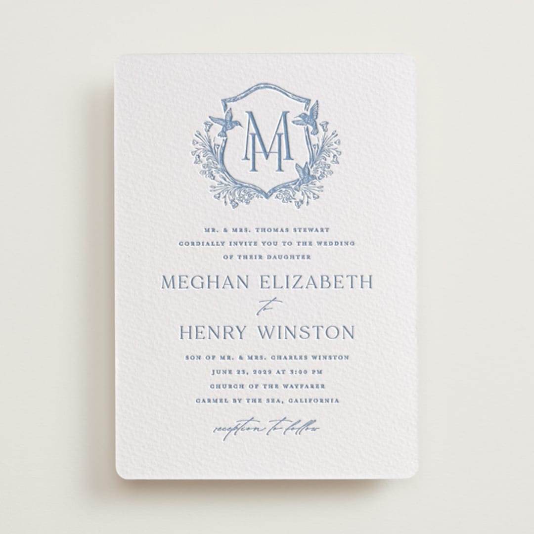 "Hummingbird Botanicals" - Letterpress Wedding Invitations in Provincial Blue by Erin Deegan - Front