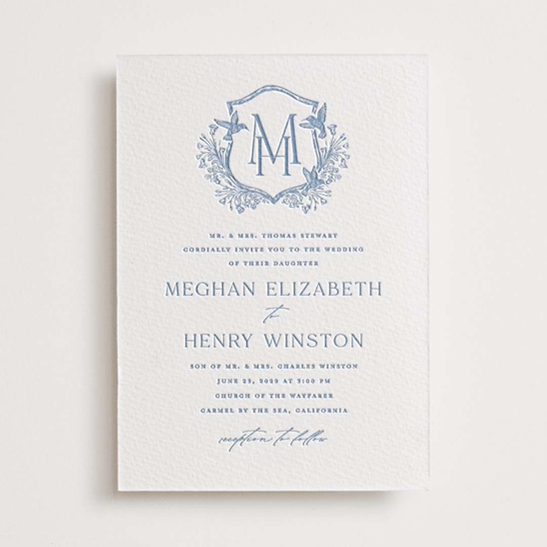 "Hummingbird Botanicals" - Letterpress Wedding Invitations in Provincial Blue by Erin Deegan - Front